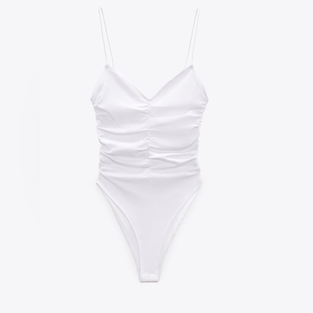 New Zara White Ruched Bodysuit